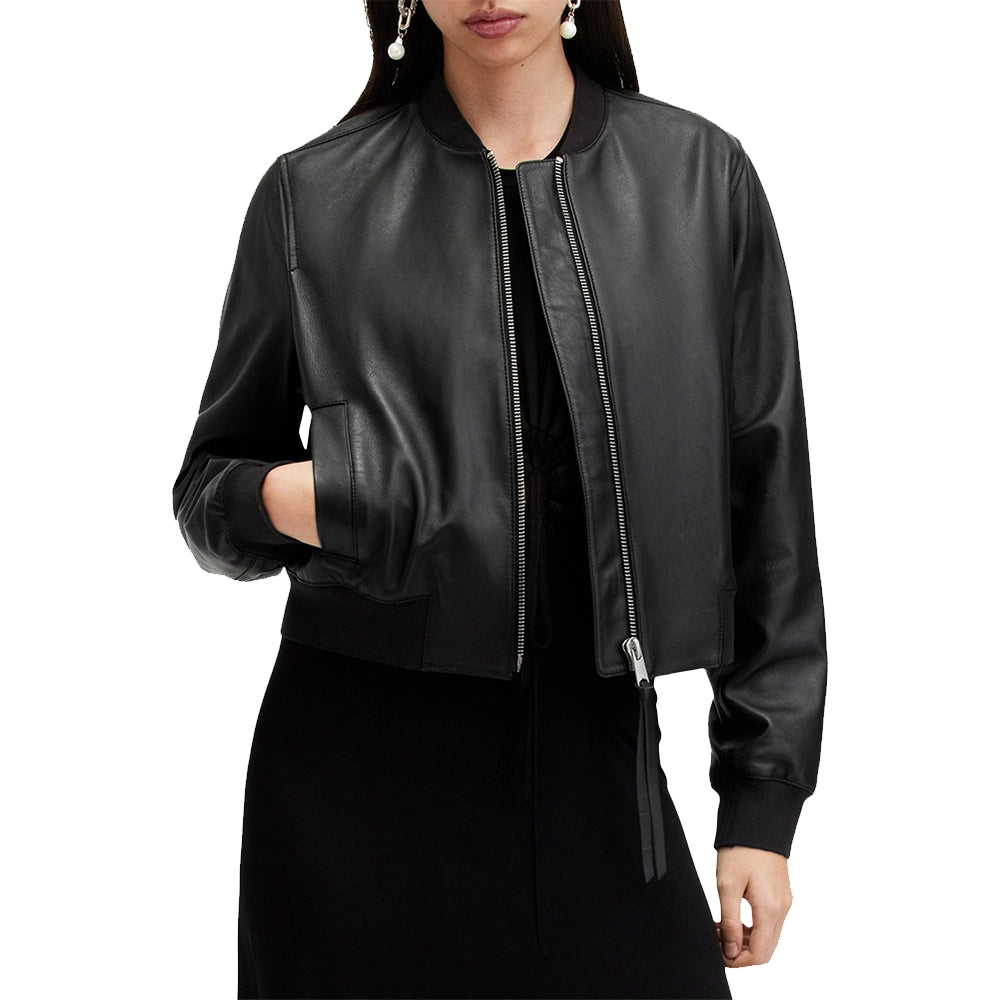 Women Black Leather Bomber Jacket