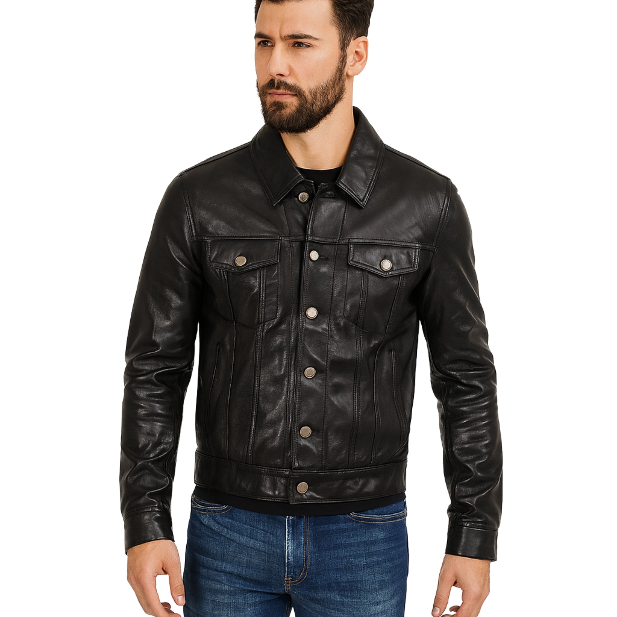 Zayden Men’s Black Sheepskin Trucker Leather Jacket