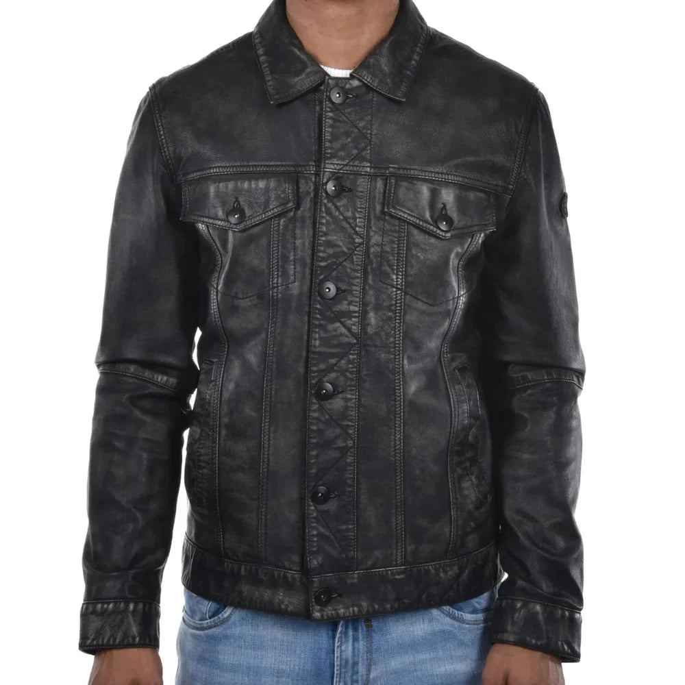 Mens Black Trucker Style Leather Jacket