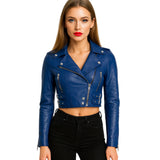 Blue Cropped Biker Style Leather Jacket for Women