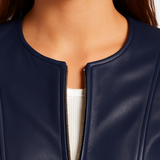 Blue Womens Collarless Leather Jacket
