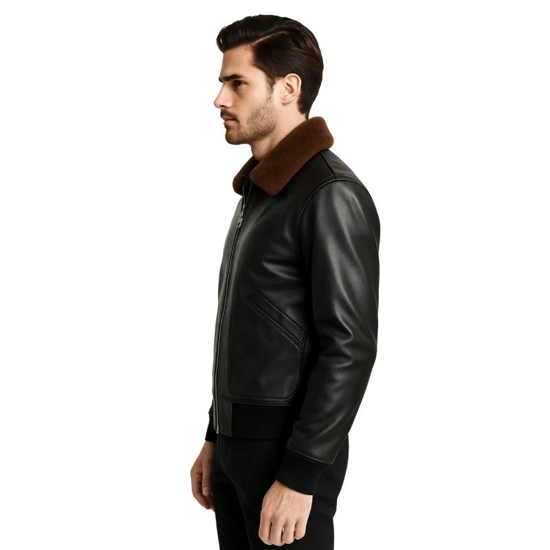 Men’s Black Bomber Shearling Leather Jacket