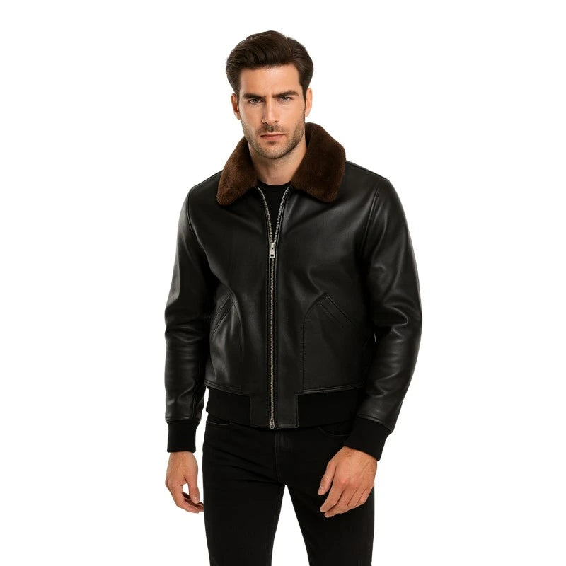 Men’s Black Bomber Shearling Leather Jacket