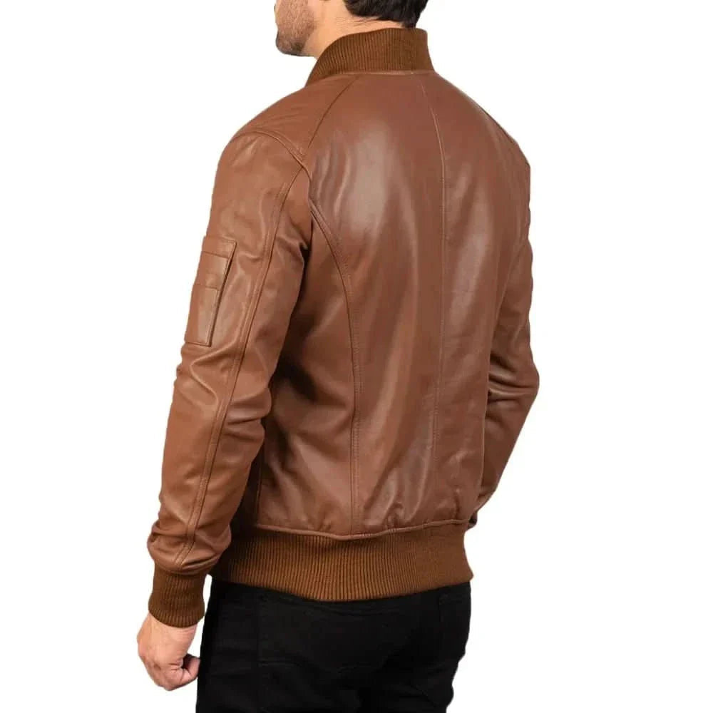 Brown Leather Bomber Jacket For Men's