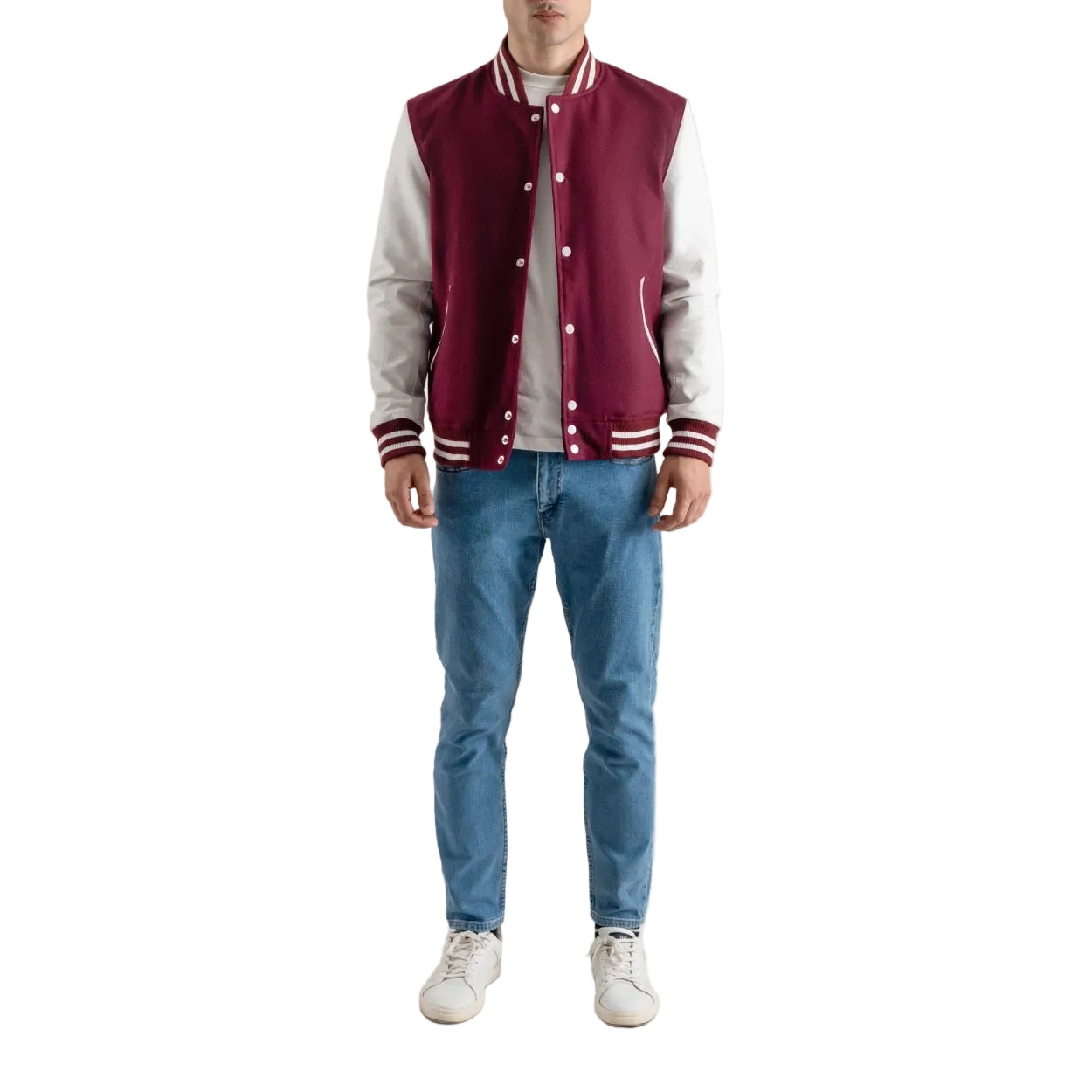 Mens Maroon And White Wool Letterman Varisty Jacket