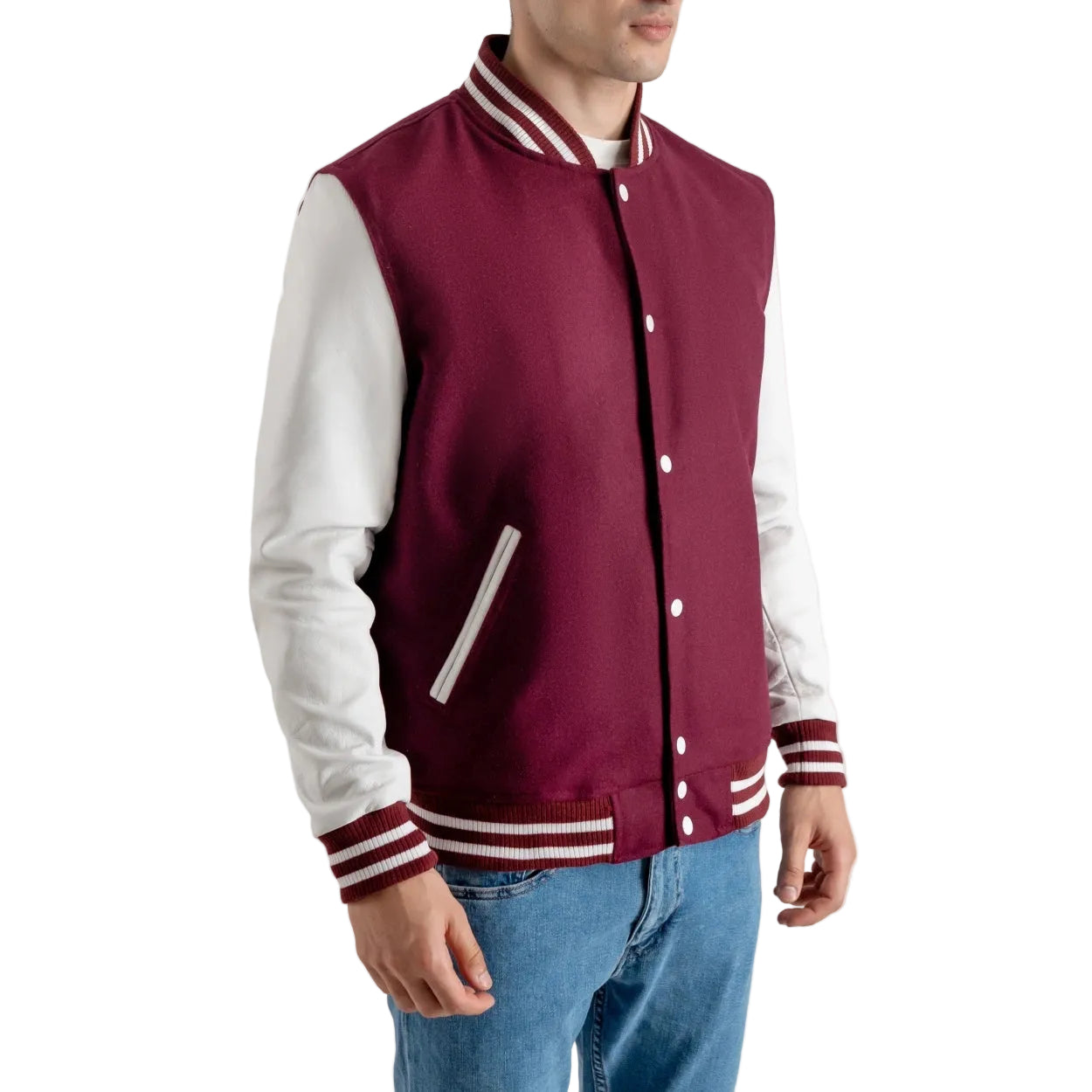 Mens Maroon And White Wool Letterman Varisty Jacket