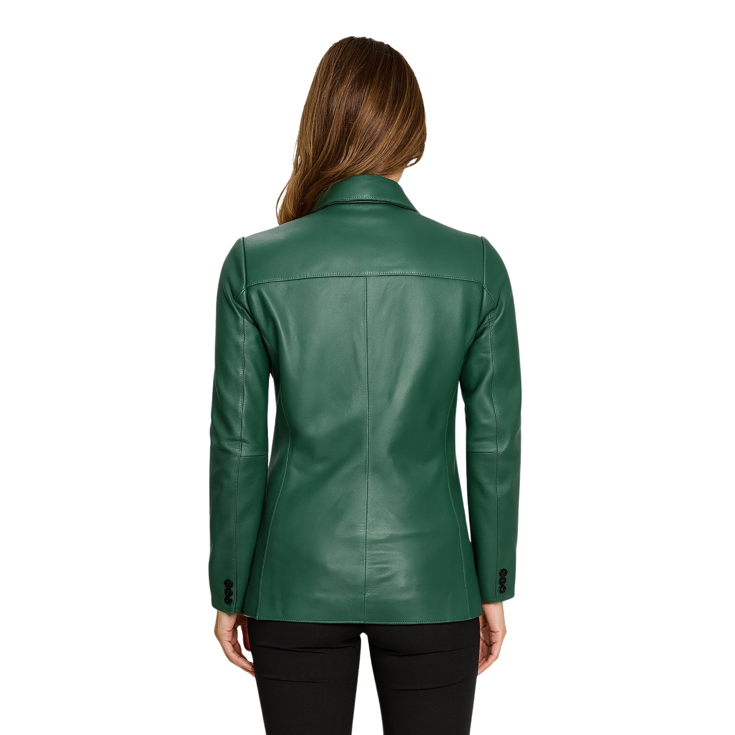 Classic-Green Leather Blazer with Two Button Closure for Women 