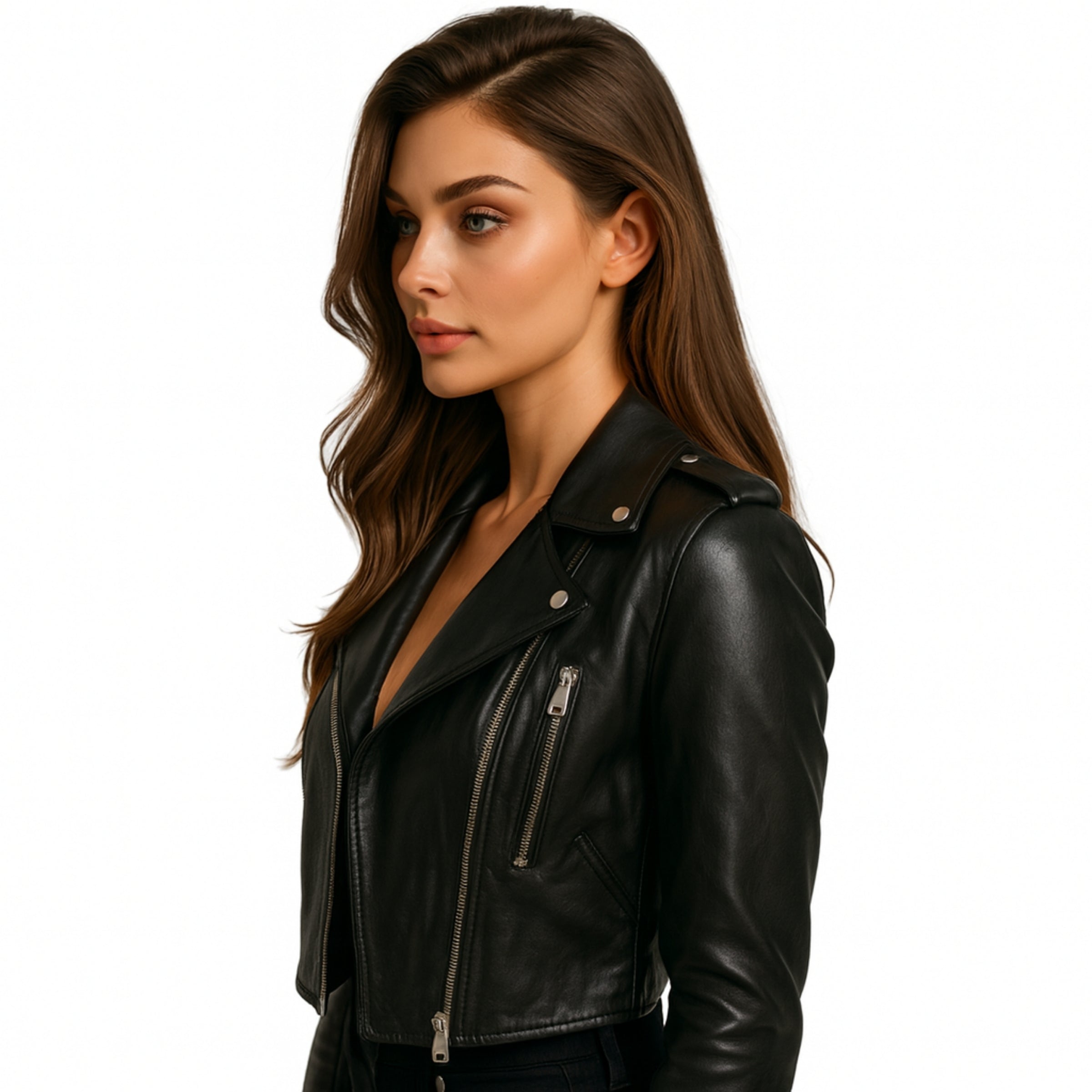 Cropped Black Biker Leather Jacket for women