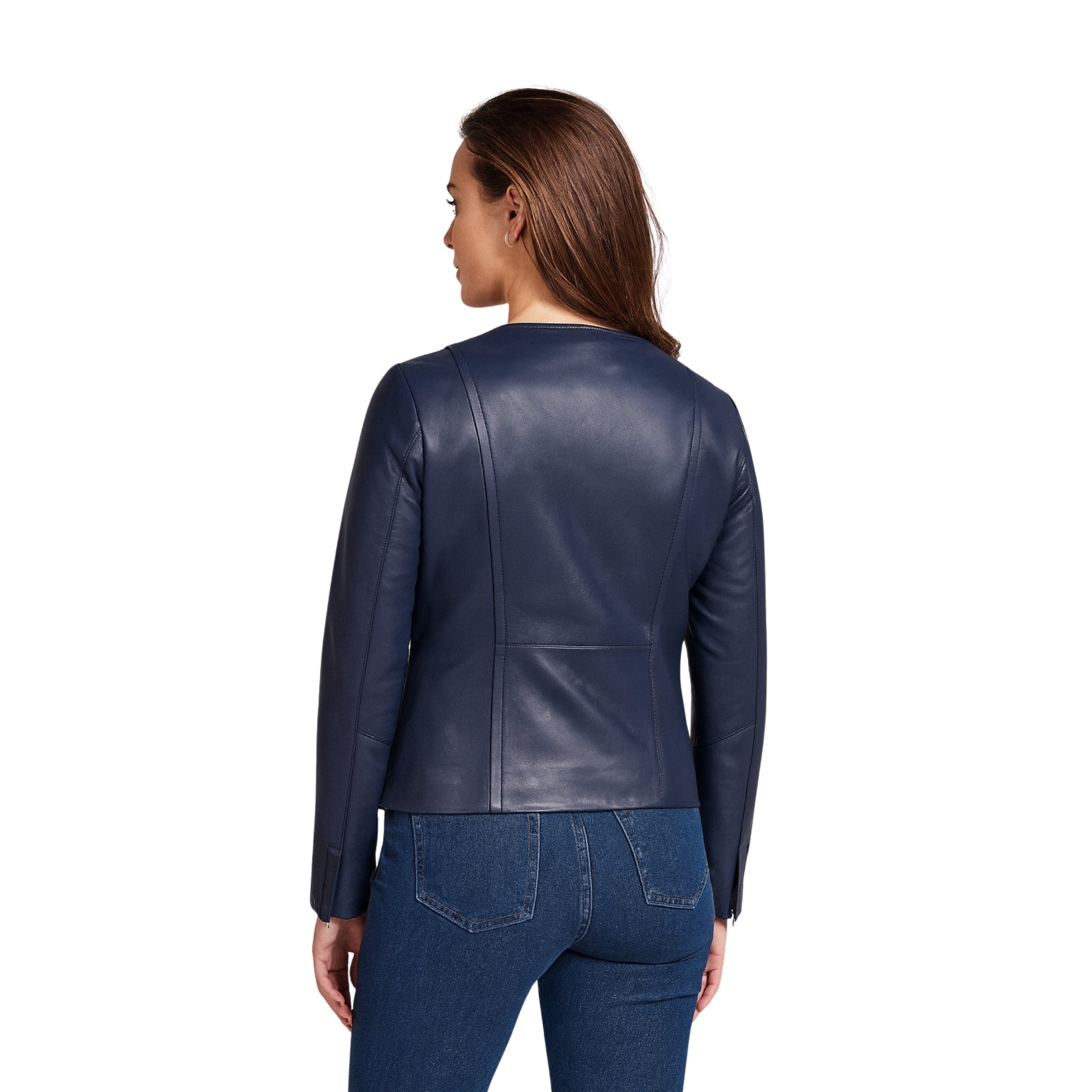 Elegant Blue-Womens Collarless Leather Jacket 