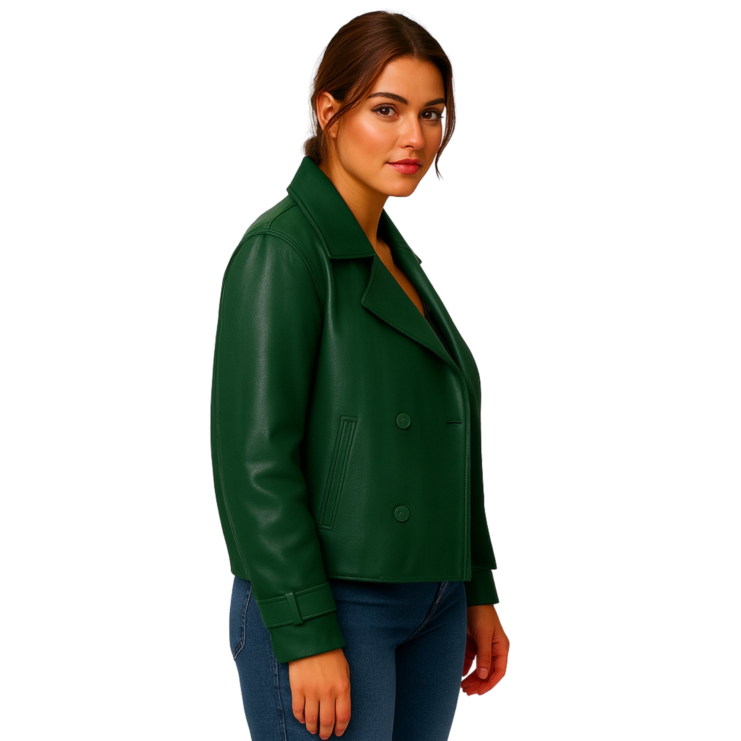 Green Double Breasted Leather Jacket for Women