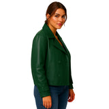 Green Double Breasted Leather Jacket for Women