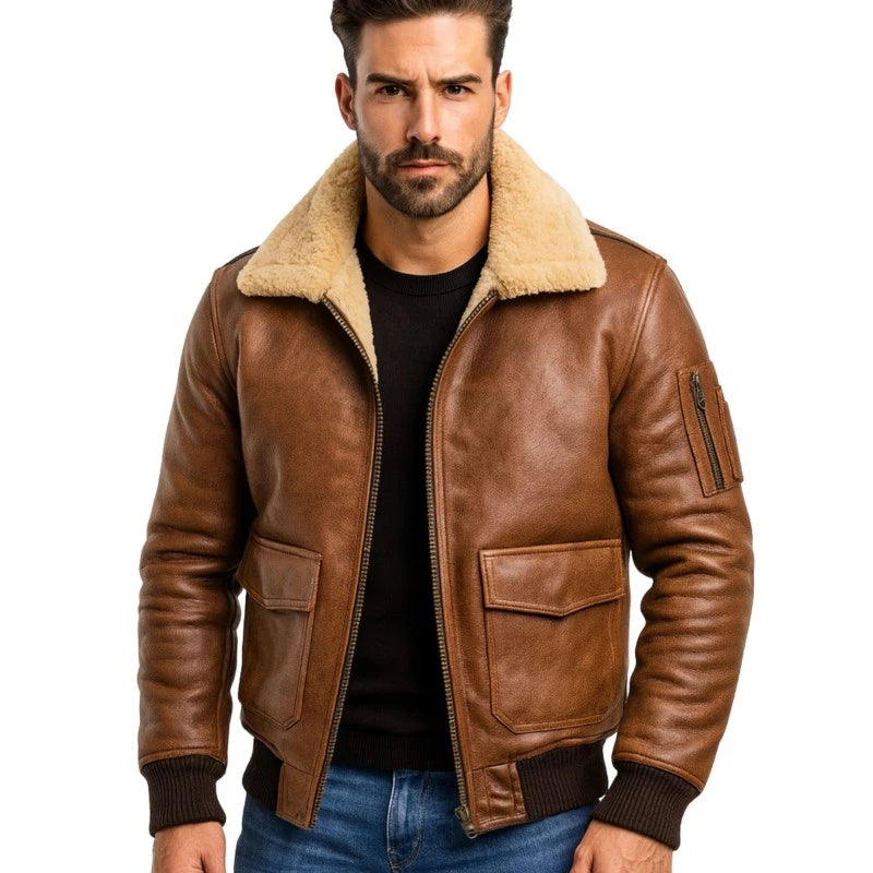 Men’s Aviator Camel Brown A2 Fur Shearling Geniune Sheepskin Jacket