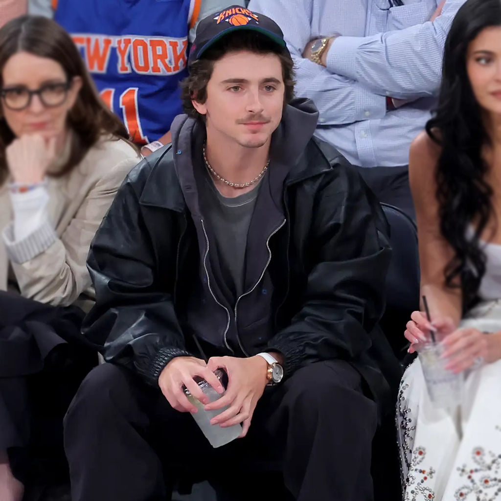 Knicks Playoff Courtside Date Timothée Chalamet Jacket