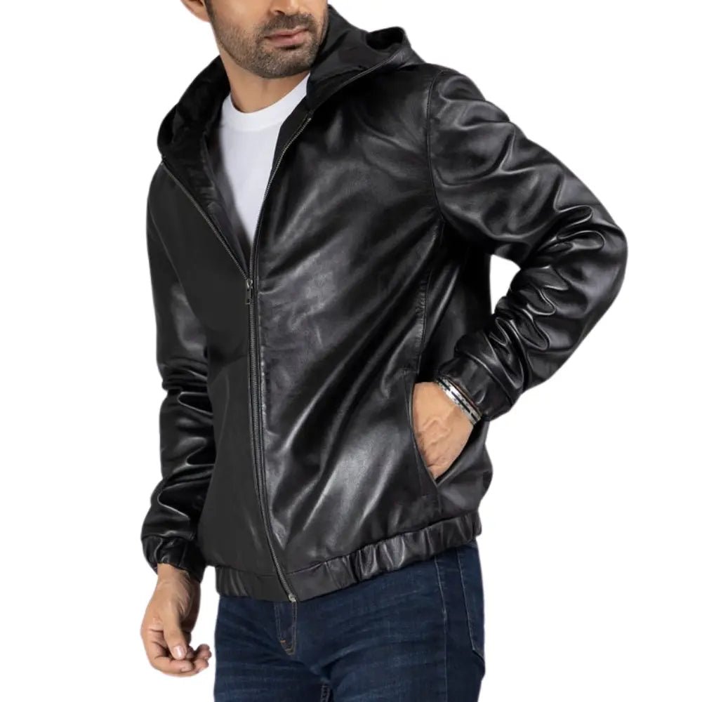 Men’s- Stylish- Black- Leather- Jacket- With- Hood-