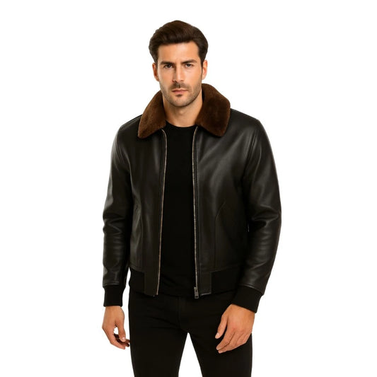 Men’s Black Bomber Shearling Leather Jacket