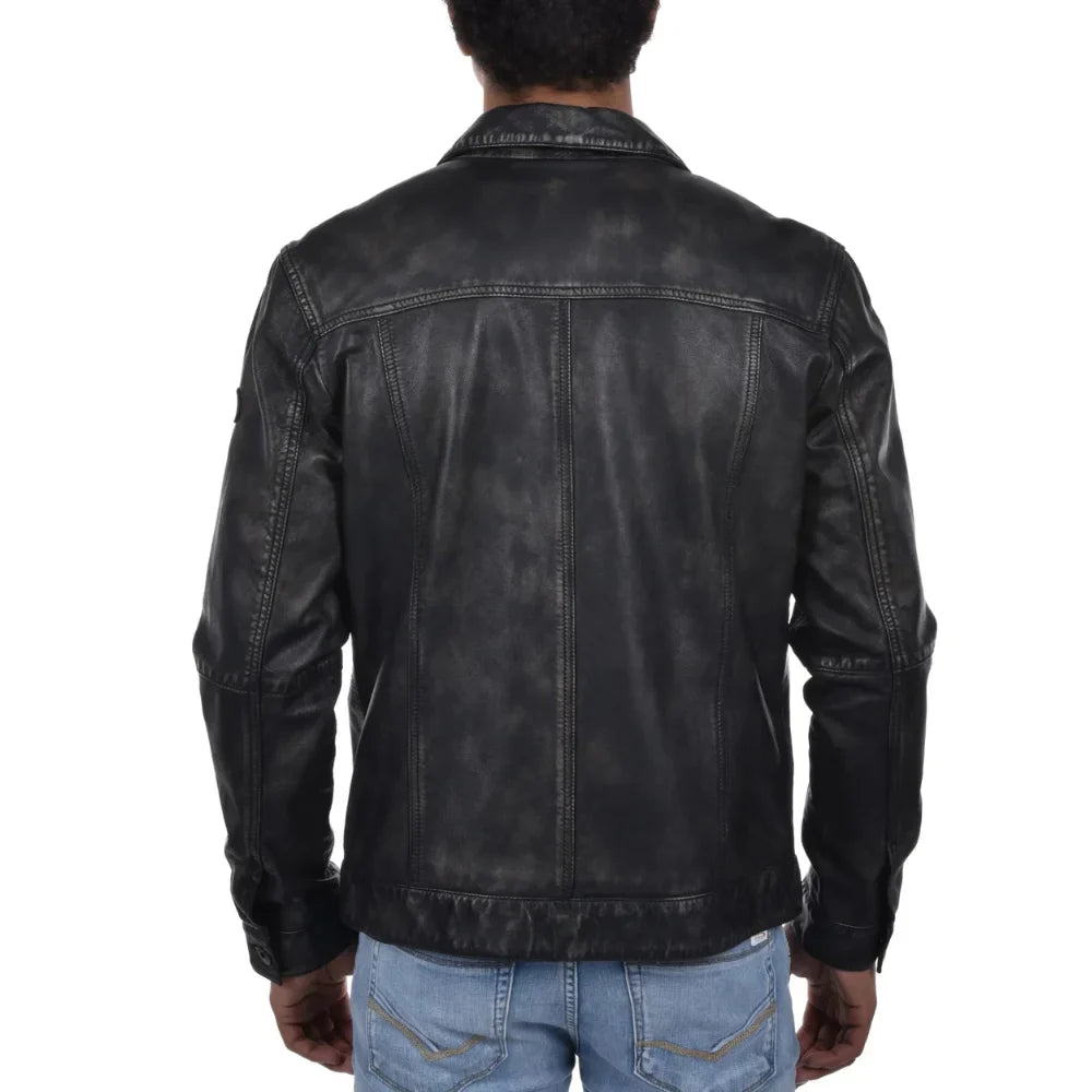 Mens Black Trucker Style Leather Jacket