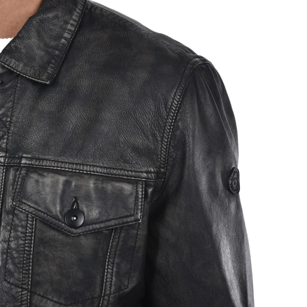Mens Black Trucker Style Leather Jacket