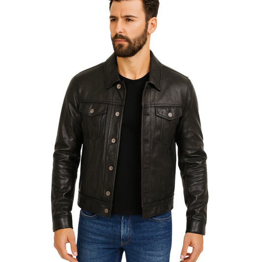 Zayden Men’s Black Sheepskin Trucker Leather Jacket