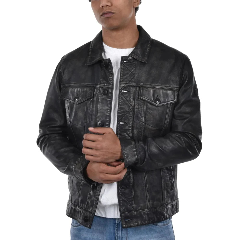 Mens Black Trucker Style Leather Jacket