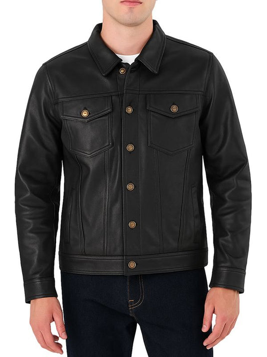 Men’s Classic Black Trucker Leather Jacket