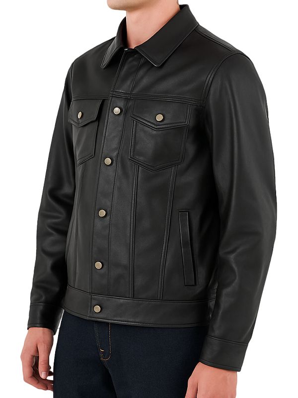 Men’s Classic Black Trucker Leather Jacket