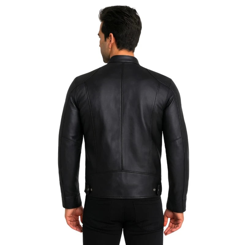 Men’s Classic Retro Black Biker Genuine Sheeskin Leather Jacket