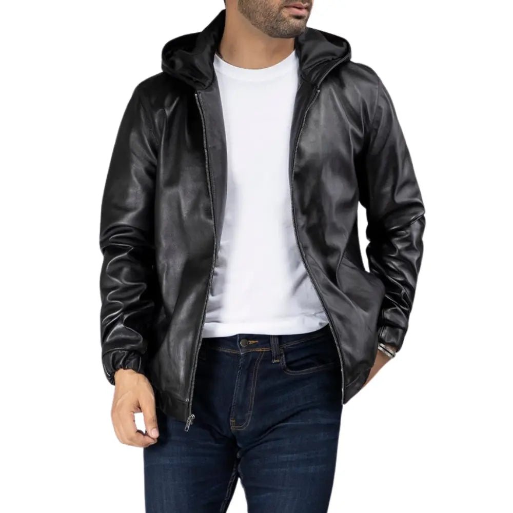 Mens- Black- Leather- Jacket- With- Hood-