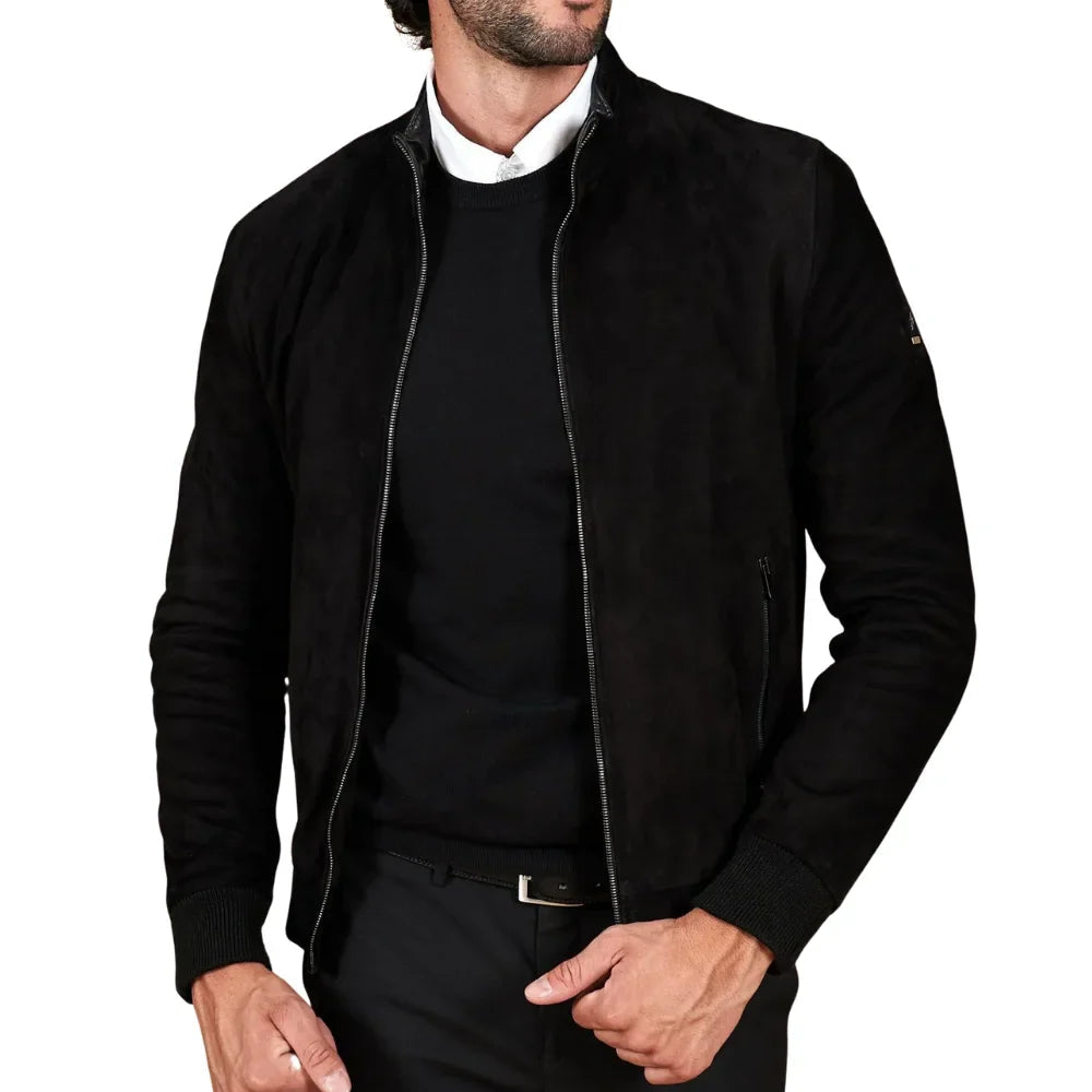 Men's Suede Leather Black Bomber Jacket