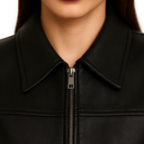 Norvia Black Bomber Style Leather Jacket for Women