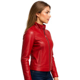 Real Leather Red Cafe Racer Jacket for Women