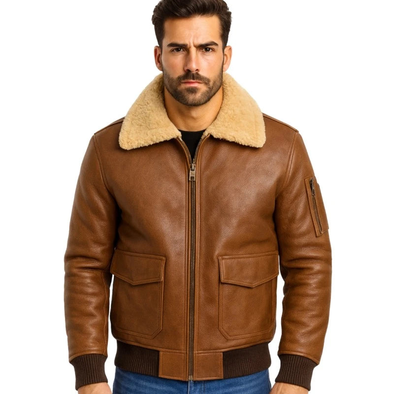 Men’s Aviator Camel Brown A2 Fur Shearling Geniune Sheepskin Jacket