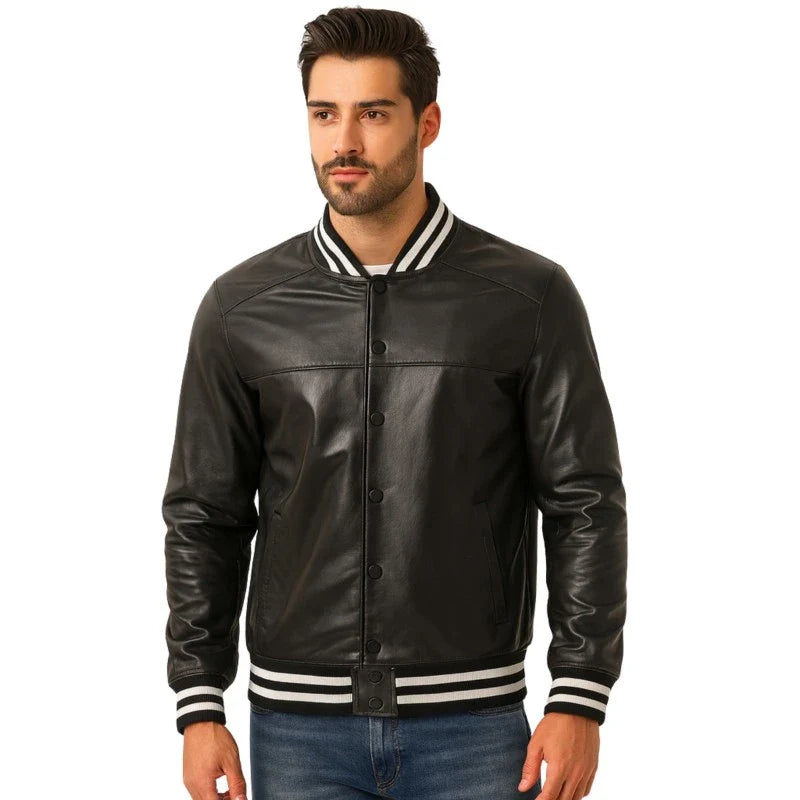 Men’s Genuine Leather Varsity Bomber Jacket