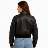 Washed Black Bomber Style Leather Jacket for Womens