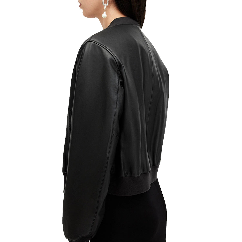 Women Black Leather Bomber Jacket