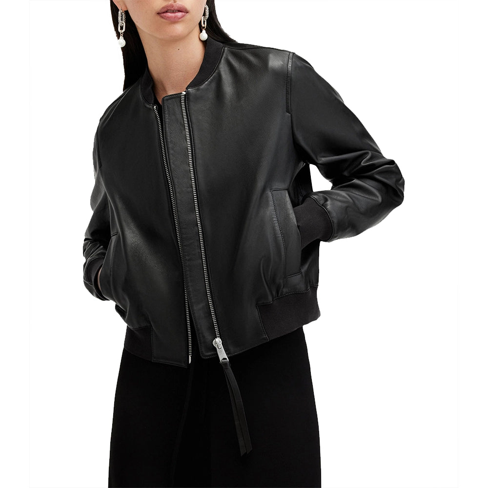 Women Black Leather Bomber Jacket