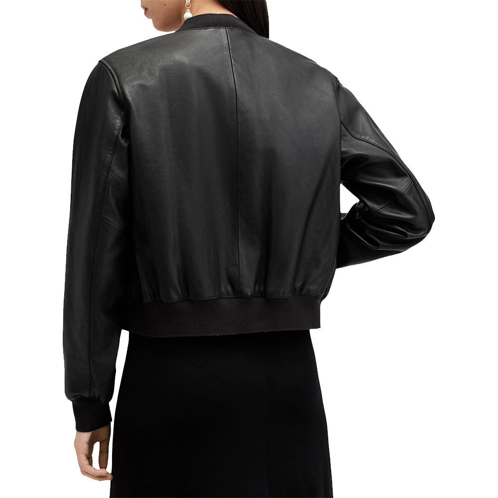 Women Black Leather Bomber Jacket