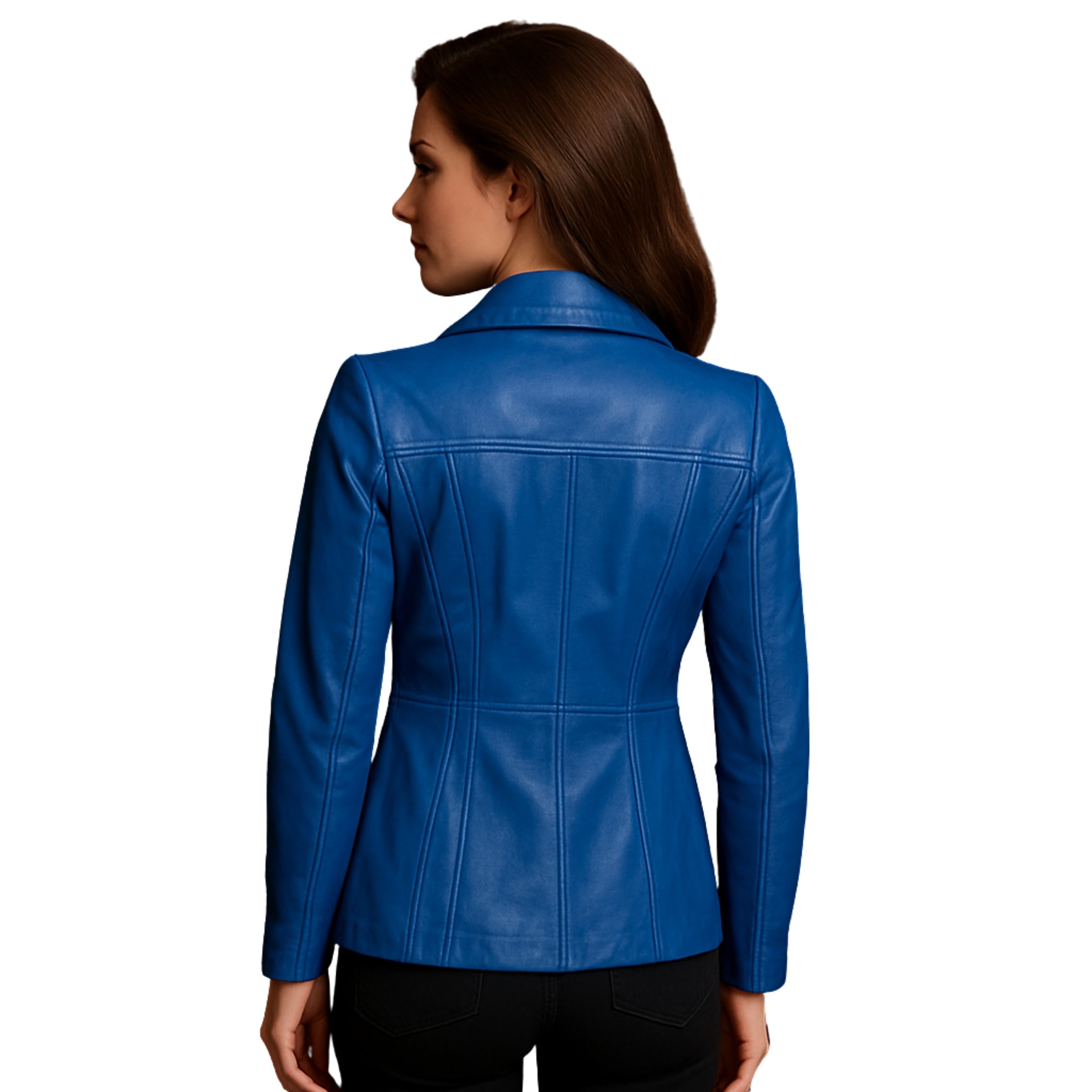Women’s Blue Three Button Leather Blazer Jacket