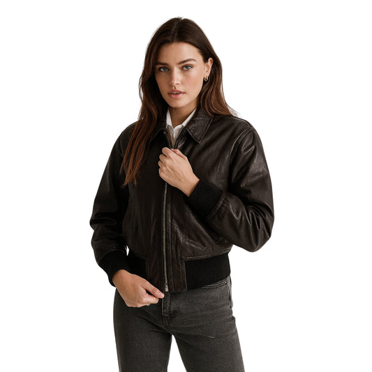 Womens Black Leather Bomber Jacket