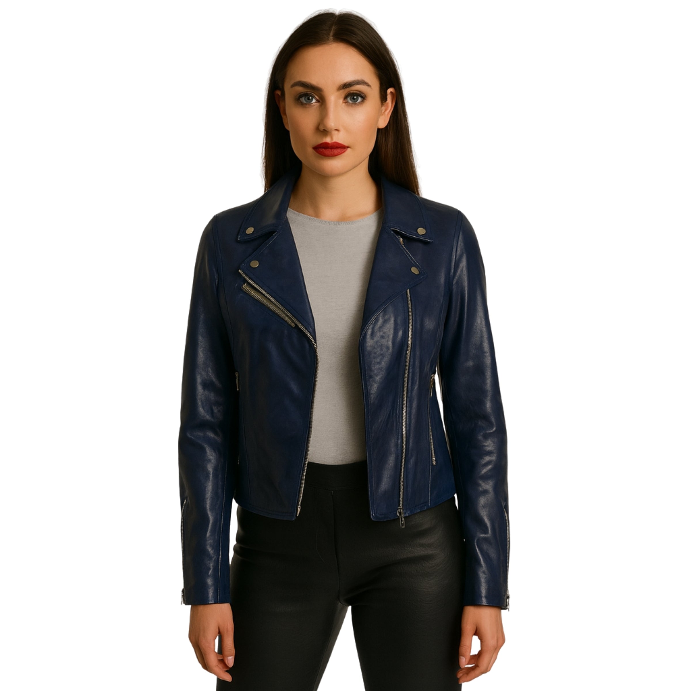 Women’s Blue Biker Style Leather Jacket