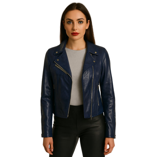 Women’s Blue Biker Style Leather Jacket