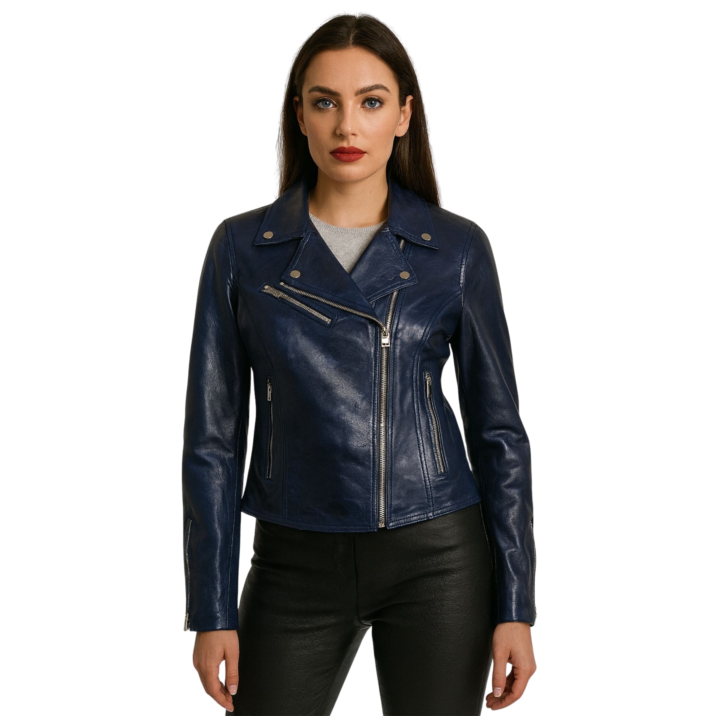 Women’s Blue Biker Style Leather Jacket