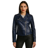 Women’s Blue Biker Style Leather Jacket