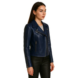 Women’s Blue Biker Style Leather Jacket