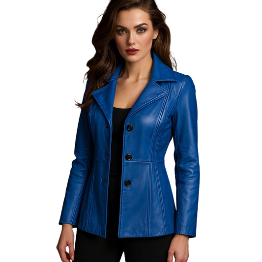 Women’s Blue Waxed Leather Three Button Coat