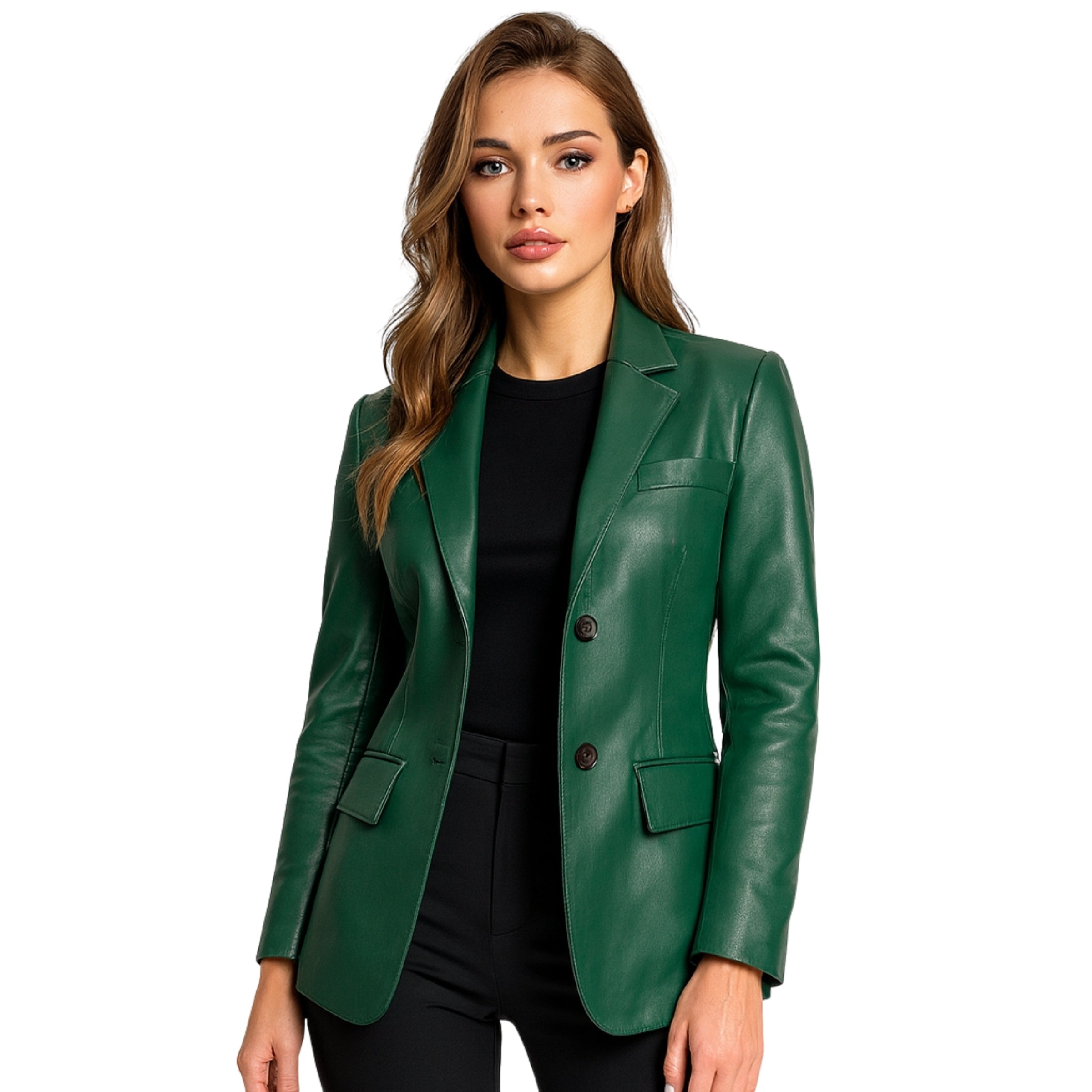 Womens Classic Green Leather Blazer with Two Button Closure