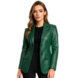 Womens Classic Green Leather Blazer with Two Button Closure