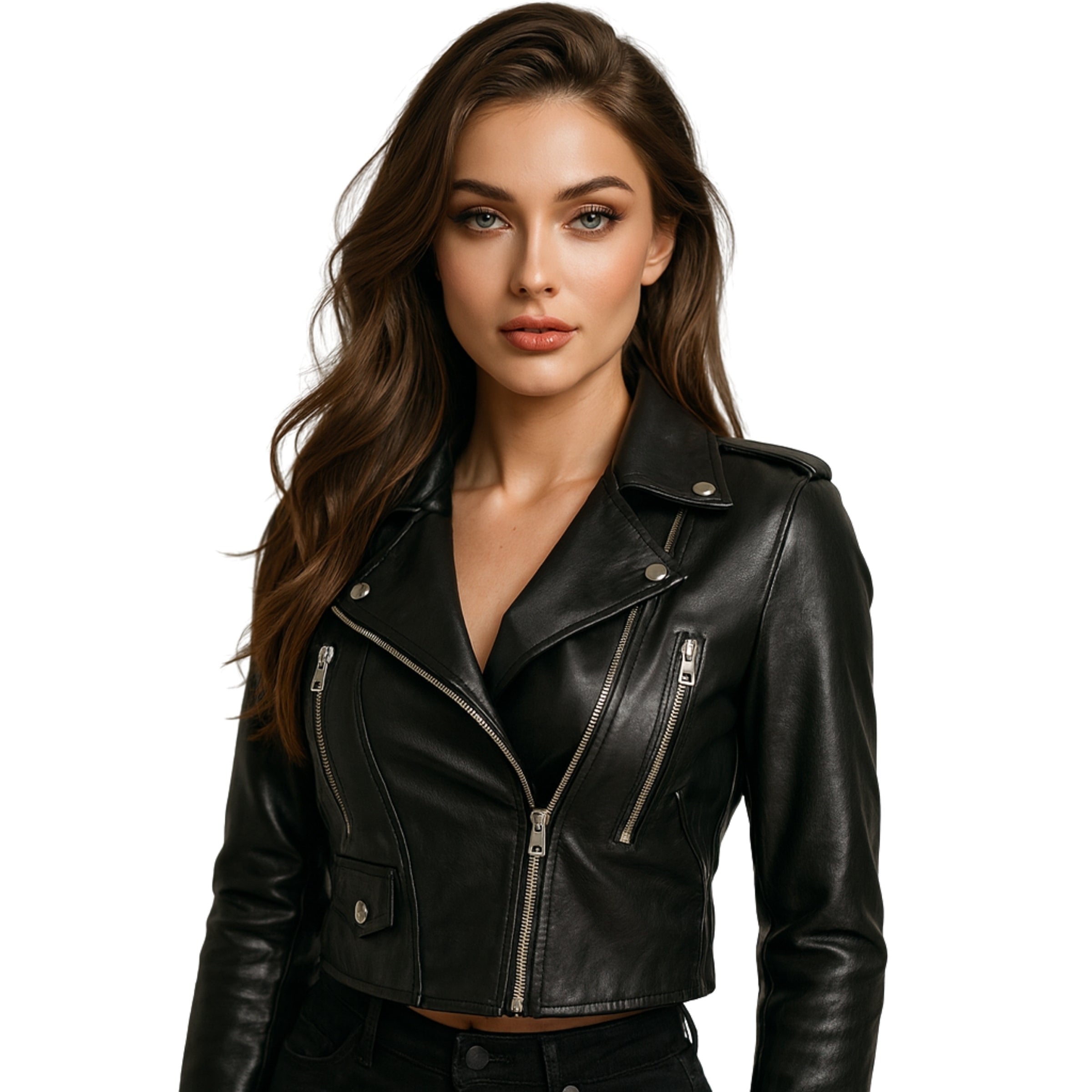 Womens Cropped Black Biker Leather Jacket