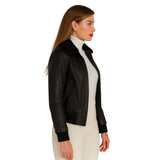 Womens-Genuine Sheepskin Black Leather Bomber Jacket 
