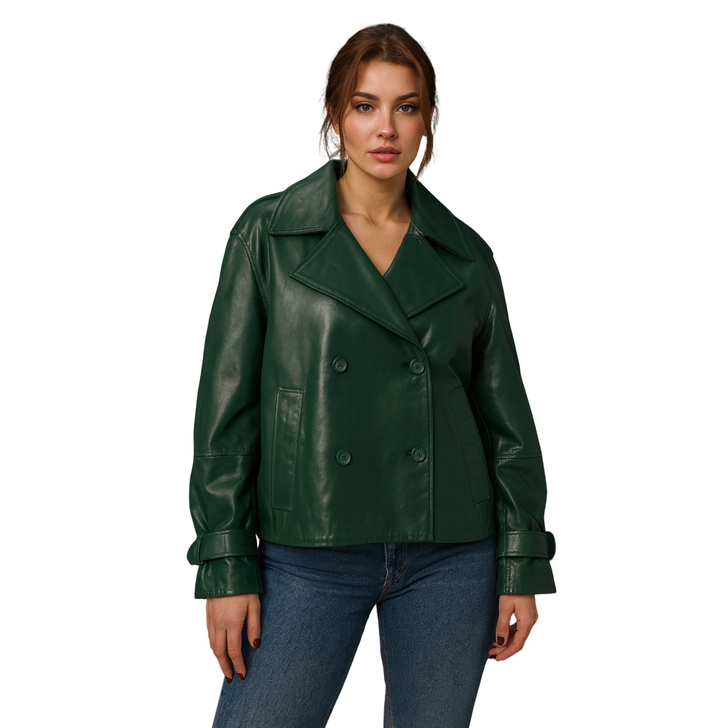 Womens Green Double Breasted Leather Jacket