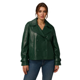 Womens Green Double Breasted Leather Jacket